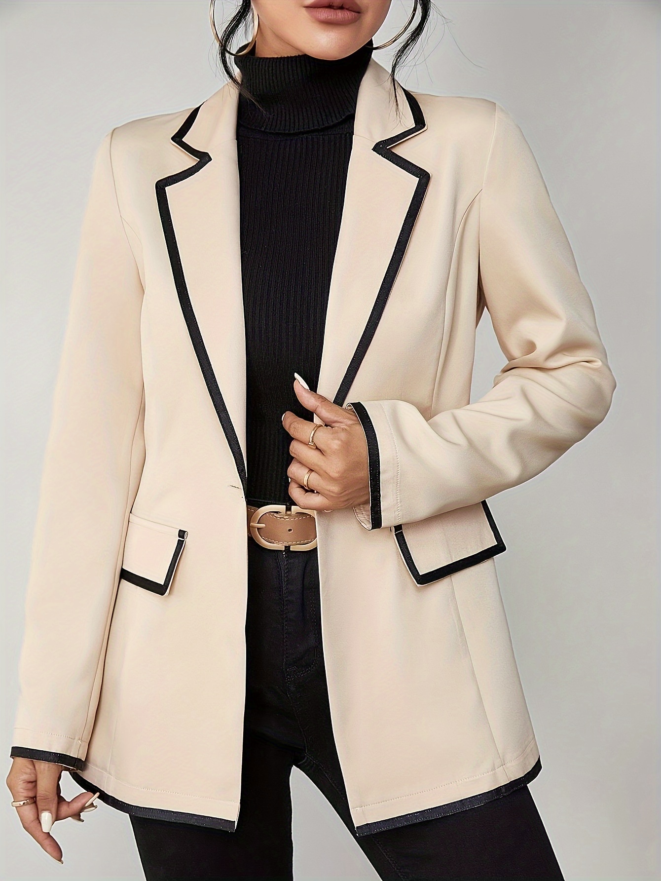 plus size colorblock trim elegant lapel long sleeve for spring womens plus size clothing details 0