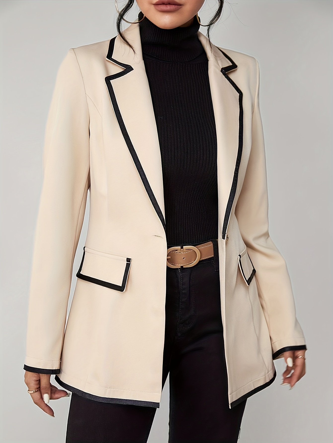 plus size colorblock trim elegant lapel long sleeve for spring womens plus size clothing details 1